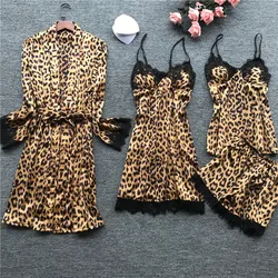 2022 Spring New Long Sleeve Pajamas Woman Ice Silk Fashion Leopard Print Sexy Pajama Set  pajama set women
