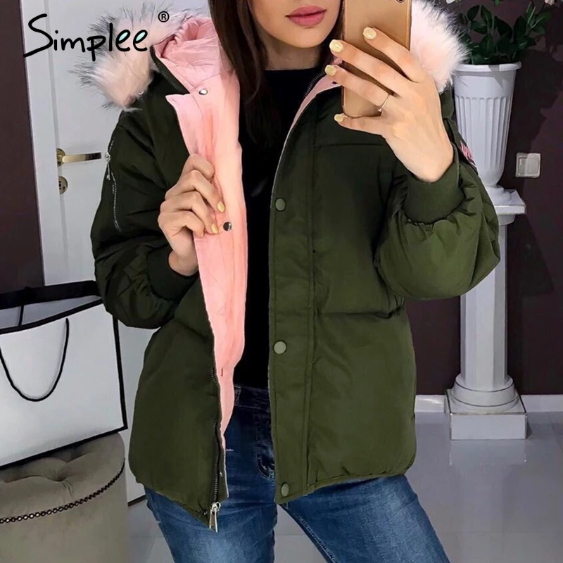 Simplee Повседневная Женская парка с меховым капюшоном на пуговицах с карманом на молнии, зимнее женское пальто с подкладкой, плотная женская верхняя одежда, теплые куртки