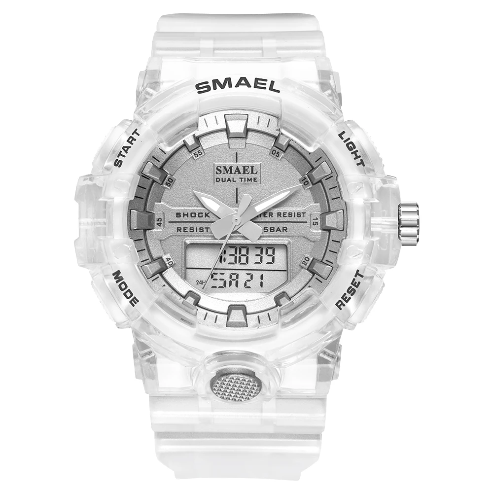 White Silver SMAEL, Мужские Аналоговые кварцевые цифровые часы, водонепроницаемые, модные спортивные часы, мужские, качество s, пластиковый ремешок для часов, светодиодный, электронные часы для мужчин - Цвет: White Silver