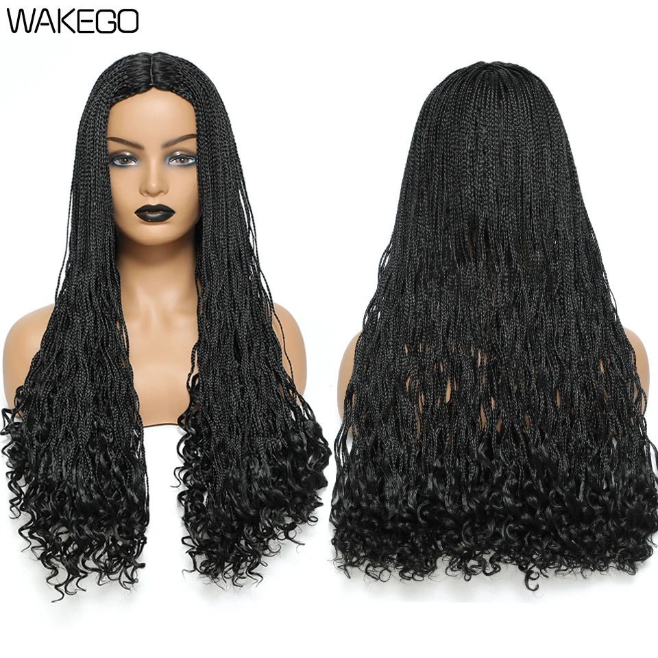 Wakego 26 Inch Knotless Braid Wig With Curly End DIY Braided Wigs Box Braids Wigs For Black Women Synthetic Curly Wig Daily Use