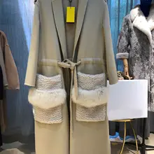 Новое Элегантное кашемировое шерстяное пальто высокого качества с открытым стежком и отложным воротником зимнее с двумя большими меховыми карманами и регулируемой талией