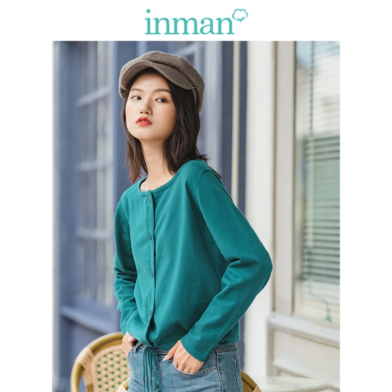 

INMAN 2019 Autumn Winter New Arrival Elegant Boat Neck Minimalism Loose Lacing Solid Literary Women Cardigan