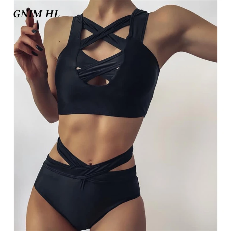 

Sexy Hollow Out Black Swimwear Women Bikini Set 2021 High Waist Bandage Brazilian Swimsuit Female Push Up High Cut Bather Suit