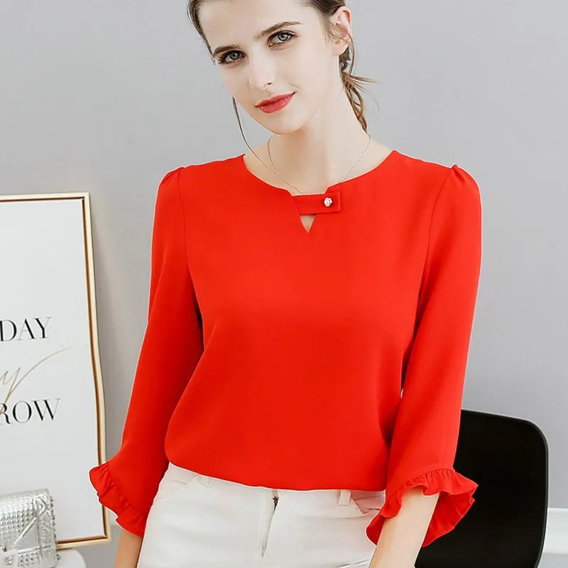 Women Blouses Tops Fashion Flare Sleeve Hollow Large Size chiffon shirt  2019 New elegant Casual Lady Office Blouses Top