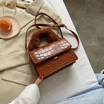 

Female PU Stone Pattern Handbags Solid Messenger Shoulder Bag Plush Handle Trunk Youth Ladies Simple Versatile Bag