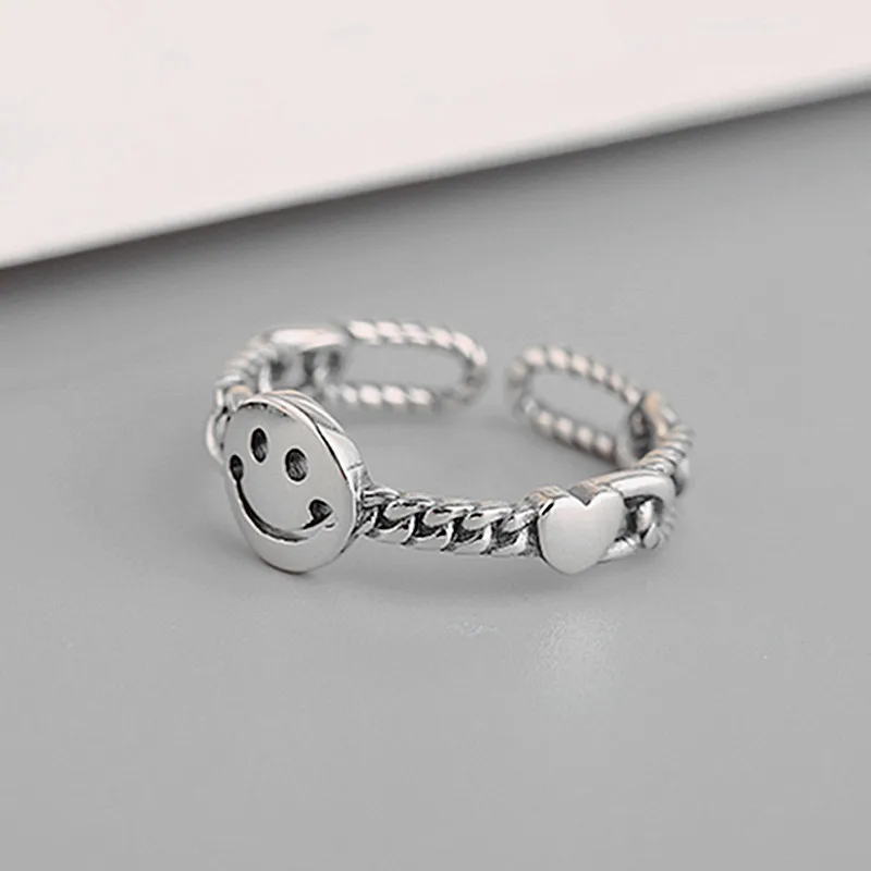 

Genuine 925 Sterling Silver Smiley Ring Opening Simple Personality Love Knitting Ring For Women Elegant Party Accessories