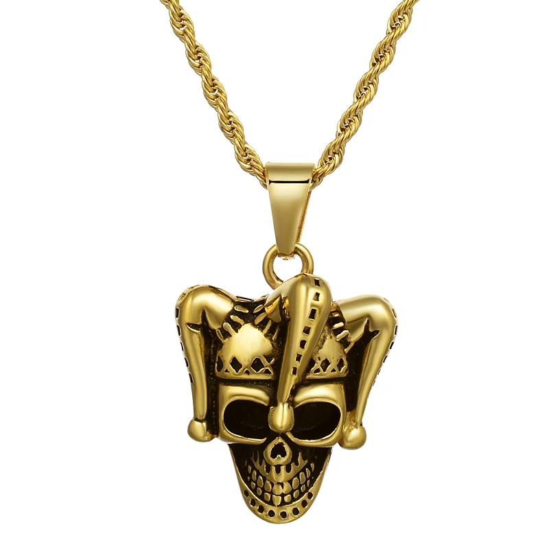 Valily Punk Skull Pendant Necklace Retro Skeleton Pendant Satainless Steel Clown Personality Jewelry for Men - Окраска металла: Gold