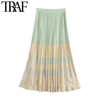 

TRAF Women Chic Fashion Pleated Knitted Midi Skirt Vintage Elastic Waist Patchwork Female Skirts Faldas Mujer