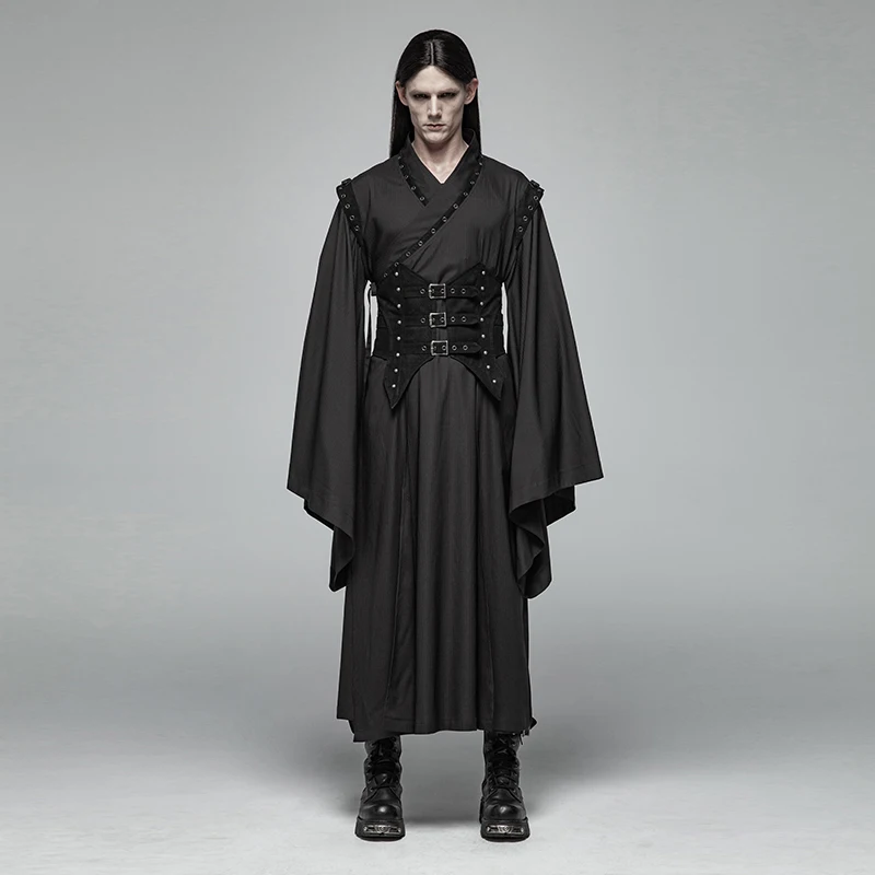

PUNK RAVE Men Steampunk Retro Han Elements Coat Dark Imitation Suede PU Leather Buckle Loose with Adjustable Girdle Jacket Coat