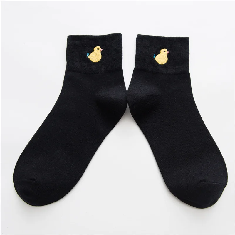 Women Socks Autumn Winter New Cotton Embroidery Cartoon Black White Tube Ladies College Wind Personality Casual Sports Sock - Color: Black Duck