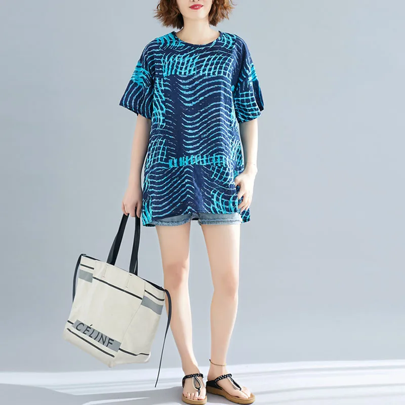 

2020 Summer Big Size Women Print T-Shirts Cotton Linen Plus Size Basic Tees Abstract Pattern Loose Hedging T-Shirts Female