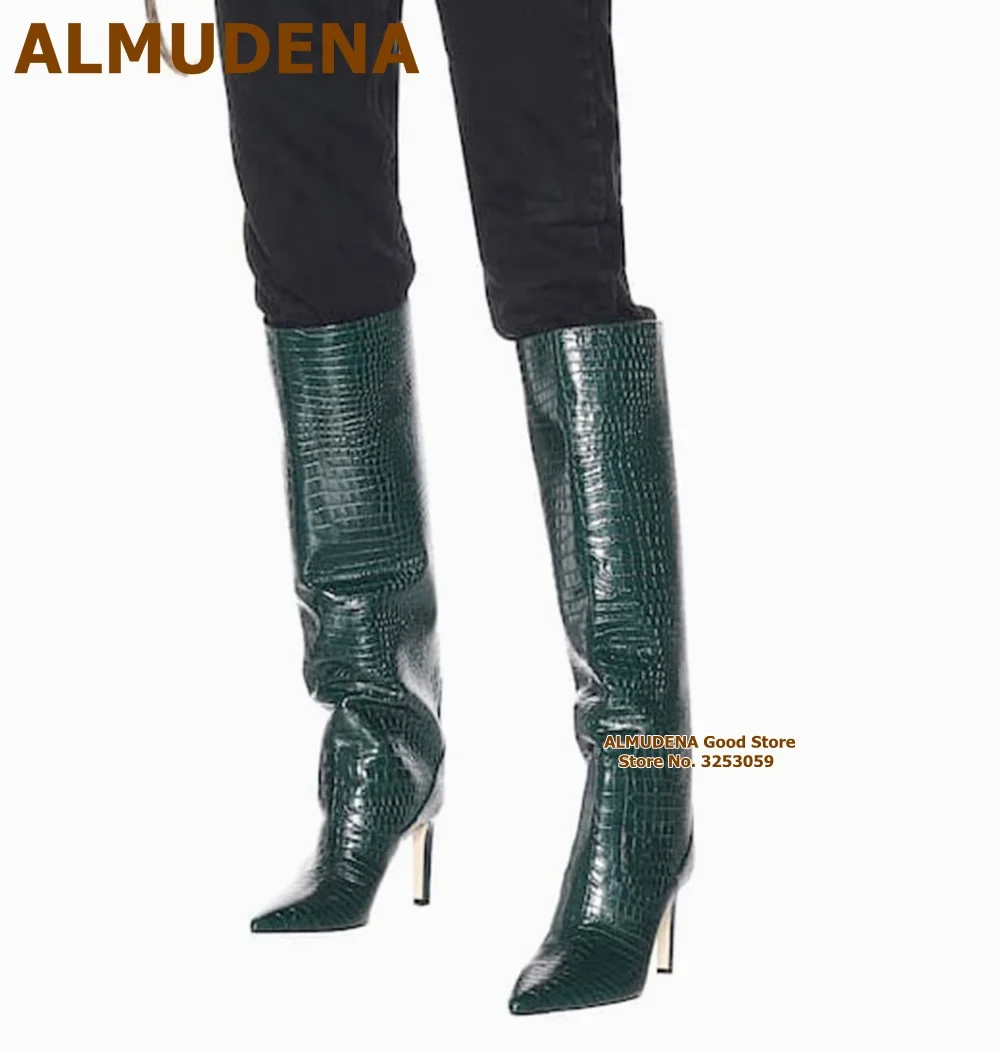 

ALMUDENA Blackish Green Orange Crocodile Knee Boots Women Sexy Snakeskin Fall Winter Outdoor Dress Shoes Pointy Toe Slip-on Heel