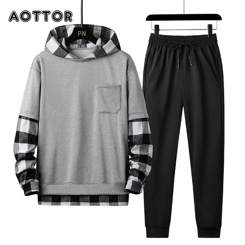 Primavera otoño conjunto para hombres chándal hombres cuadros Patchwork sudaderas con capucha + Pantalones 2 piezas conjunto de estudiantes de traje de Deportes de Streetwear 4XL