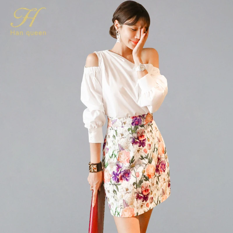 

H Han Queen 2019 Autumn Sexy Hollow Out Off Shoulder Shirt Blouses & Elegant High Waist Print Sheath Bodycon Skirts 2 Pieces Set