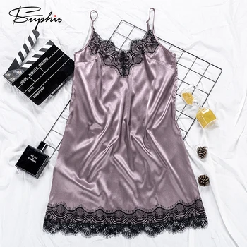 

Suphis Solid Satin Dress Women V Neck Sexy Nightwear Spaghetti Strap Silk Dresses A-Line Mini Dress Night Home Suits Summer 2020