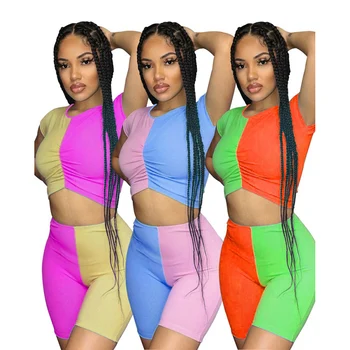 

2020 Summer Women Suit Sexy Solid-color Patchwork Short Sleeves Draped Biker Shorts 2 Piece Set European American Clothes