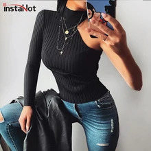 InstaHot черная Асимметричная трикотажная футболка с длинным рукавом и воротником, повседневный сексуальный осенний Топ, тонкий уличная одежда