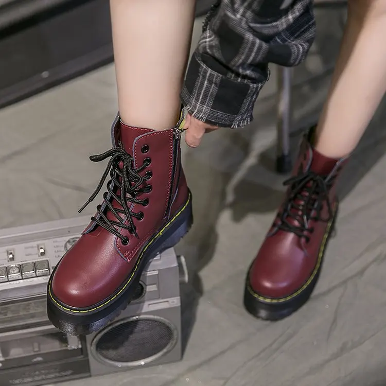 

Winter Motorcycle Women Ankle Snow Boot Soft Leather Wedges Rubber Platform Lace Up Sexy Punk Military Ladies Shoes AC-36
