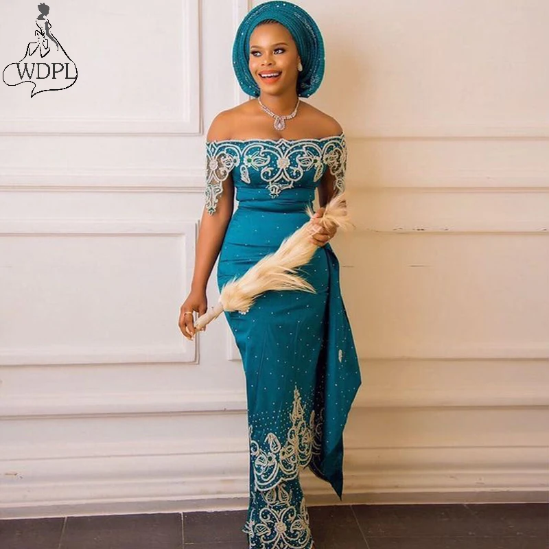 Aso Ebi Teal Русалка вечернее платье с открытыми плечами русалка украшенное бусинами