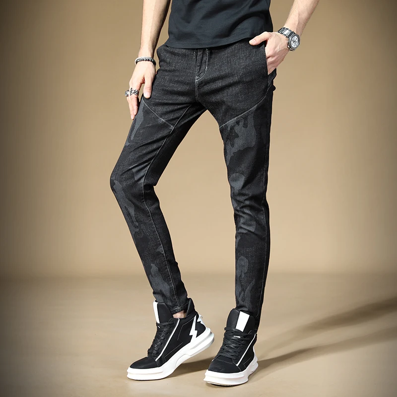 Fashion Men Camouflage Jeans Korean Style Slim Fit Black Straight Pants Stretch Patchwork Denim Trousers