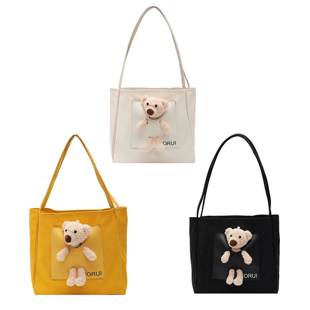 Sac à main en toile pour femmes, fourre-tout à la mode, décor de poupée d'ours, sac à bandoulière mignon, sac à poignée supérieure pour dames filles, Shopping quotidien