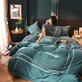 

Luxury Style Crystal Velvet Flannel Velvet 4pcs Bed Duvet Cover Flat Fitted Bed Sheet Pillowcase Full Winner Solid Green Blue