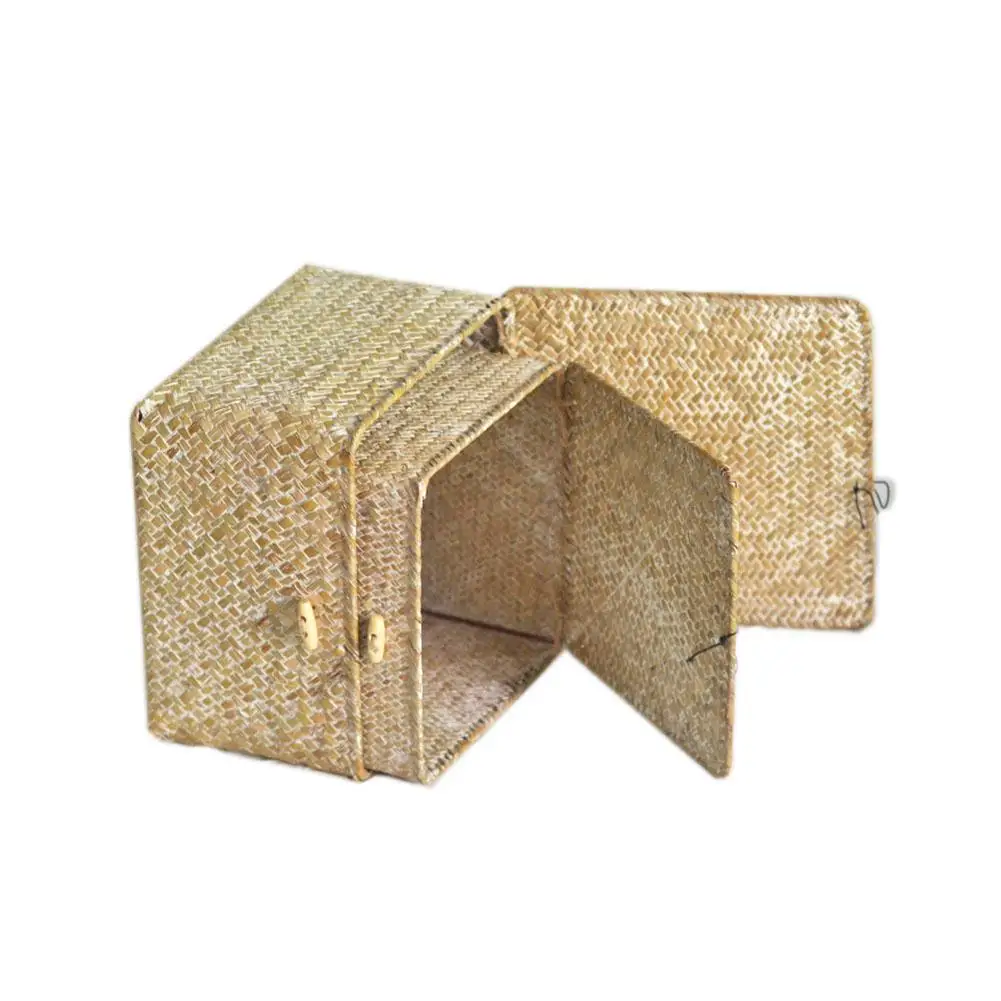 2Pcs Handmade Seaweed Woven Storage Box Dirty Clothes Flower Rattan Finishing Cosmetics Books Sundry Storage Basket with Lid