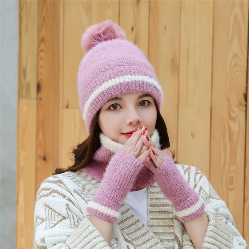 PINK WITH GLOVE Мужская зимняя шапка воротник шарф наборы перчаток хлопок Модная вязаная шерстяная шапка шейный платок с маской плюшевые теплые женские шапки перчатки набор - Цвет: PINK WITH GLOVE
