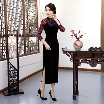 

Sexy Hollow Out Cheongsam Pacthwork Lace Chinese Dress Novelty Slim Qipao Elegant Winter Velour Chinese Evening Party Vestidos