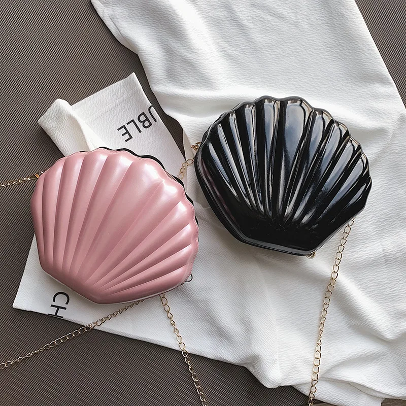 

Western Style Network Red Shell 2019 New Style Women's Fashion INS Textured Versatile Chain Shoulder Bag Patent Leather Scallop