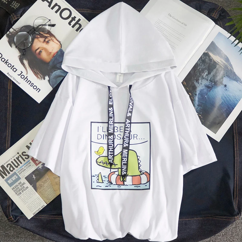 

Cartoon Pattern Print 2019 B Loose Tops Casual Preppy Style Hooded Collar Short-sleeved Black/White Regular Length Women's Tees