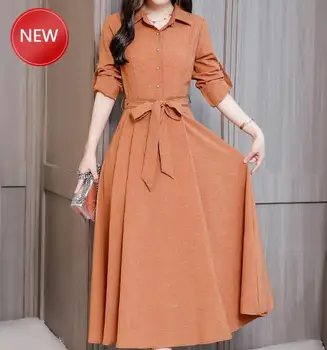 

New Arrival Plus Size M-3XL Spring Turn-down Collar Long Sleeve Solid Color Woman Long Cotton Linen Dress High Quality