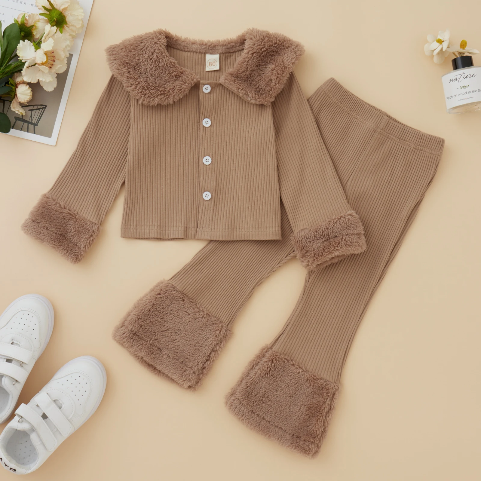 Toddler Baby Girls Knitted Tracksuits Casual Autumn Winter Lapel Button Long Sleeved Jacket + Pants Children Plush Outwear Set kids clothing set girls clothing set kids sports suit children sports suit kids sweatshirt set