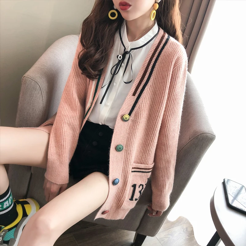 V-neck sweater coat female autumn outfit new han edition easy lazy wind plus a fairy joker knitted cardigan