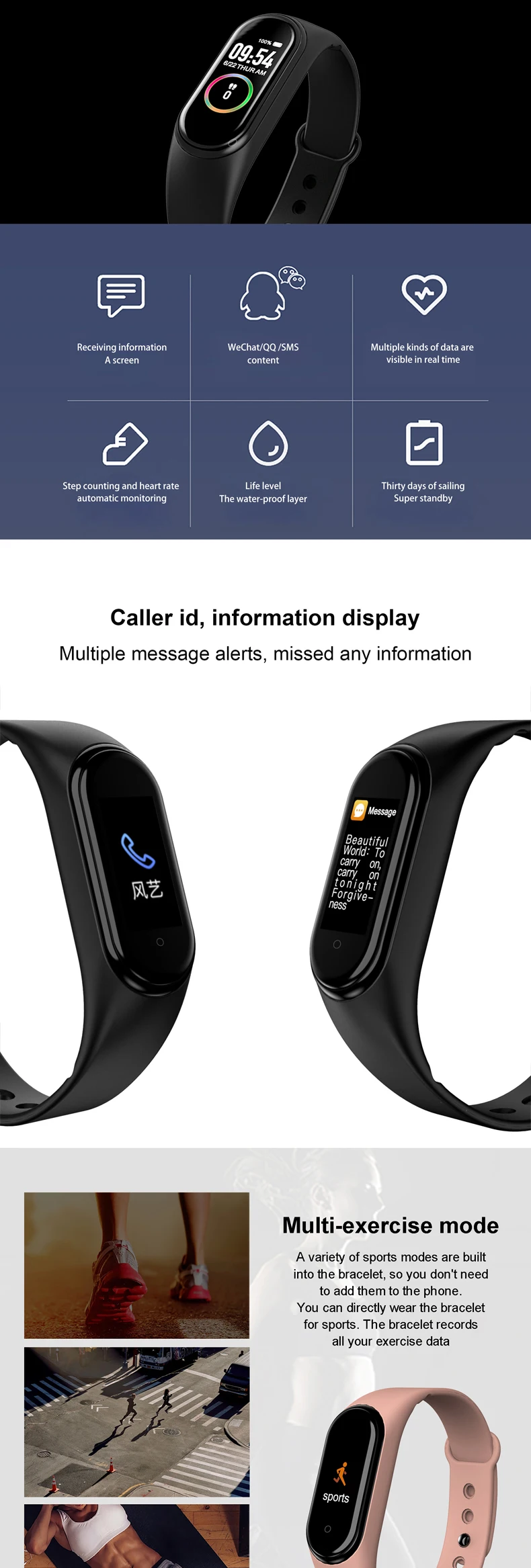 Умный Bluetooth браслет пульсометр кровяное давление мониторинг здоровье браслет напоминание информация толчок спортивный браслет