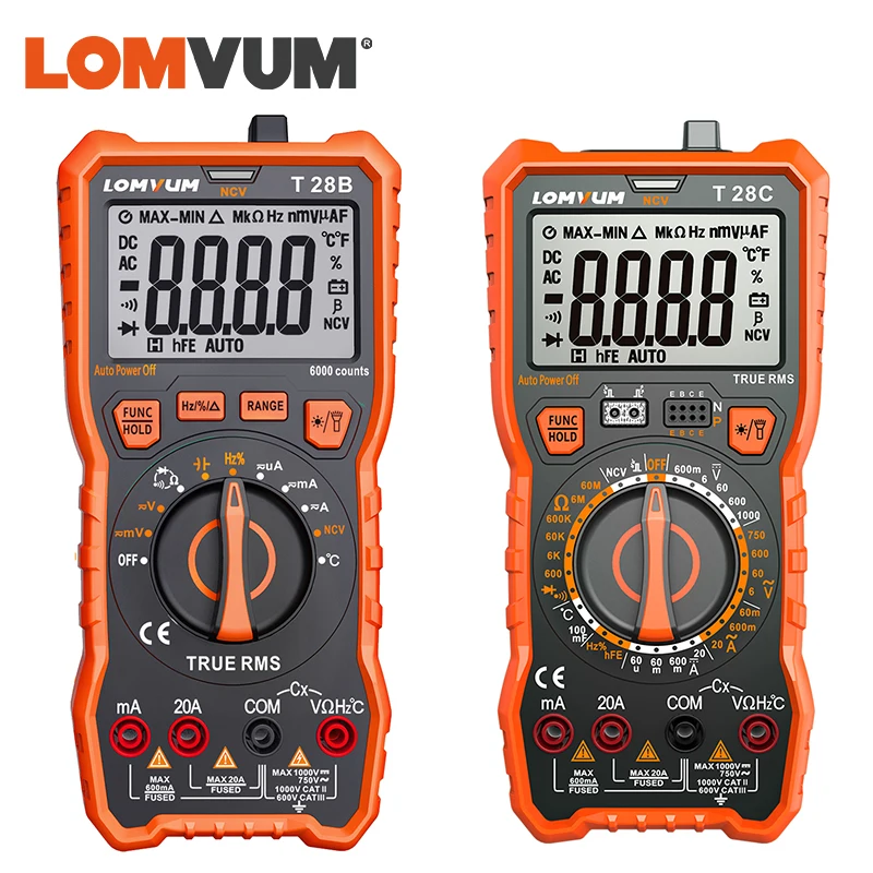 LOMVUM T28C Advanced Digital Multimeter Trms 6000 Counts Electrical Tester AC/DC Amp Ohm Voltage Tester Meter with Temperature Frequency Resistance Continuity Capacitance Diode and Transistor Test