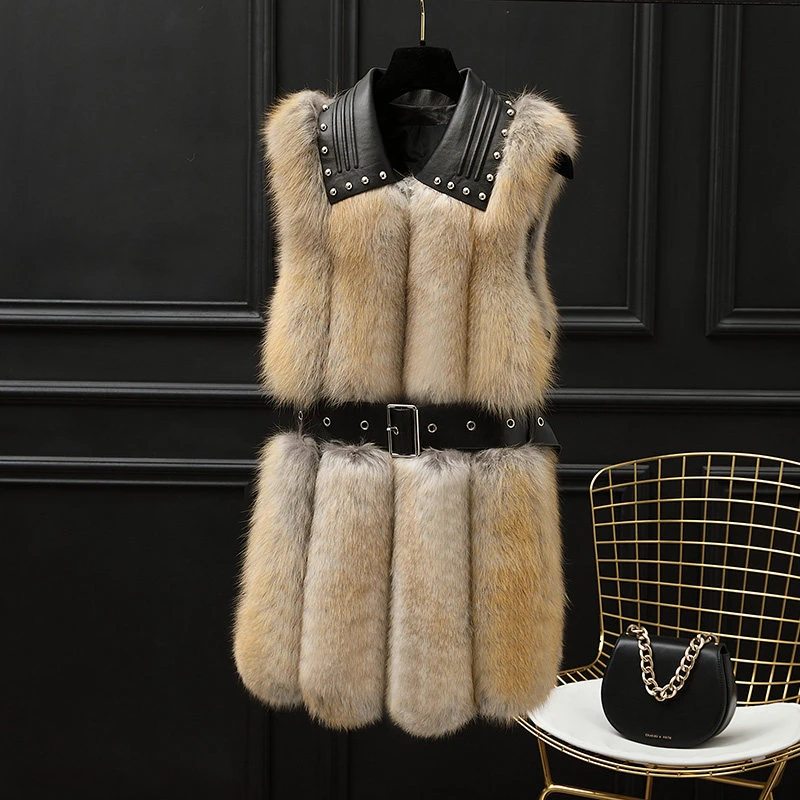 ZDFURS* зимний женский жилет из натурального Лисьего меха, модные заклепки, овчина, Воротник из натурального Лисьего меха, длинный женский жилет без рукавов - Цвет: NO.2