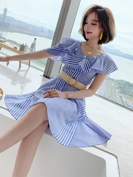 

Trendy Refreshing Striped Ruffles Stitching V-neck One-sided off-Shoulder Waistband Waist Hugging Dress Women's Fashion New