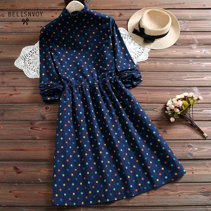 Kaufen Herbst Frühling Frauen Vintage Kleider Rüschen Polka Dot Gedruckt Lace Up Vestidos Femininos Navy Blau Kordelzug Taille A linie Kleid