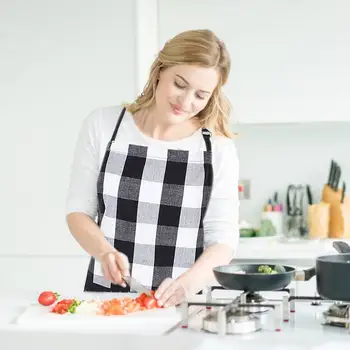 

Check Plaid Apron Waterproof Cloth Apron with Pocket Long Ties Kitchen Tool for Cooking Baking Crafting Gardening BBQ