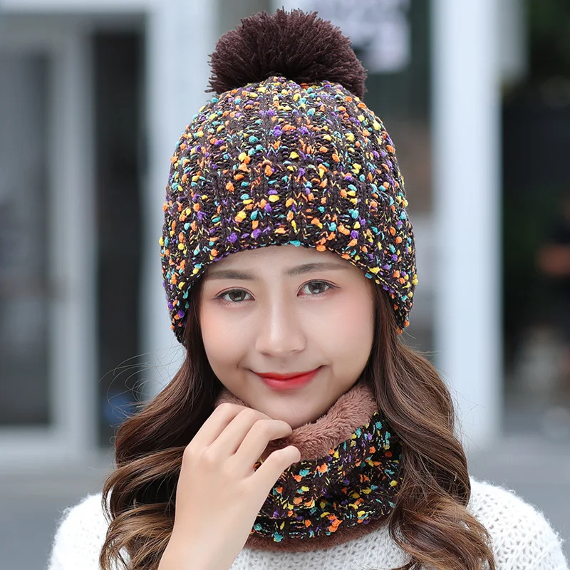 Fashion Winter Hat Scarf Set For Women Girl Warm Beanies Cap Lady Ring Scarf Pompoms Winter Hats Knitted Caps Scarf 2 Pieces - Цвет: coffee