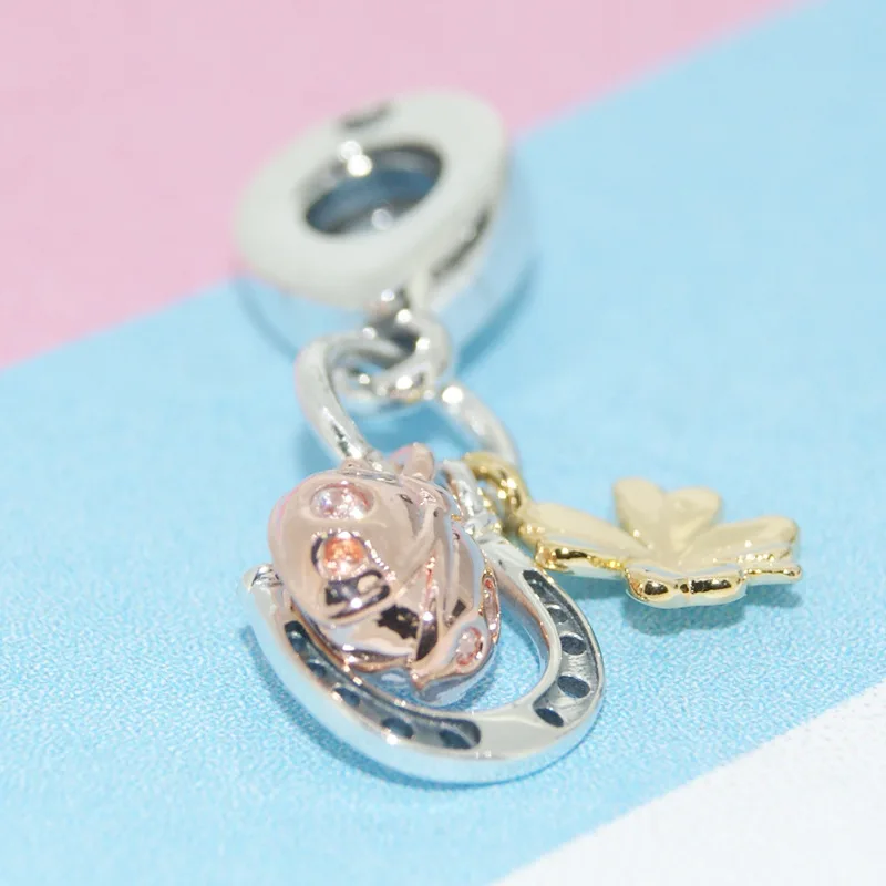 Silver Plate Gold Clover Rose Ladybird Pendant Fit Original Pandora Charms Bracelet Horseshoe Dangle Women Jewelry Gift Berloque