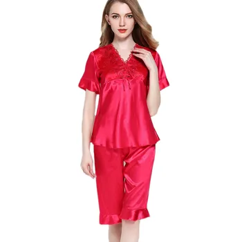 

JAYCOSIN Hot Women Sleepwear Pyjama Sets Strap Lace Trim Satin Nightwear Femme Sexy Home Sleepwear Women Plus Size Short Sleeve