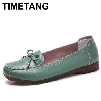 

TIMETANG new autumn genuine leather women flat shoes square toe without lace up flat shoes woman butterfly-knot women moccasins