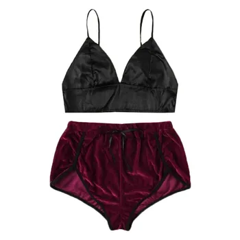

Women Satin Velvet Plus Size Bra Camisole Shorts Set Sleepwear Pajamas Lingerie Sexy Women Girl Set Conjuntos De Mujer 30N08