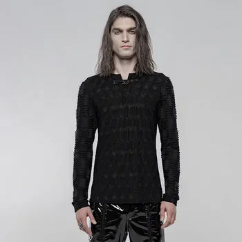 

PUNKRAVE Men's Dark Long Sleeve T-shirt Punk Daily Elastic Texture Spliced Fit Black Tees Top