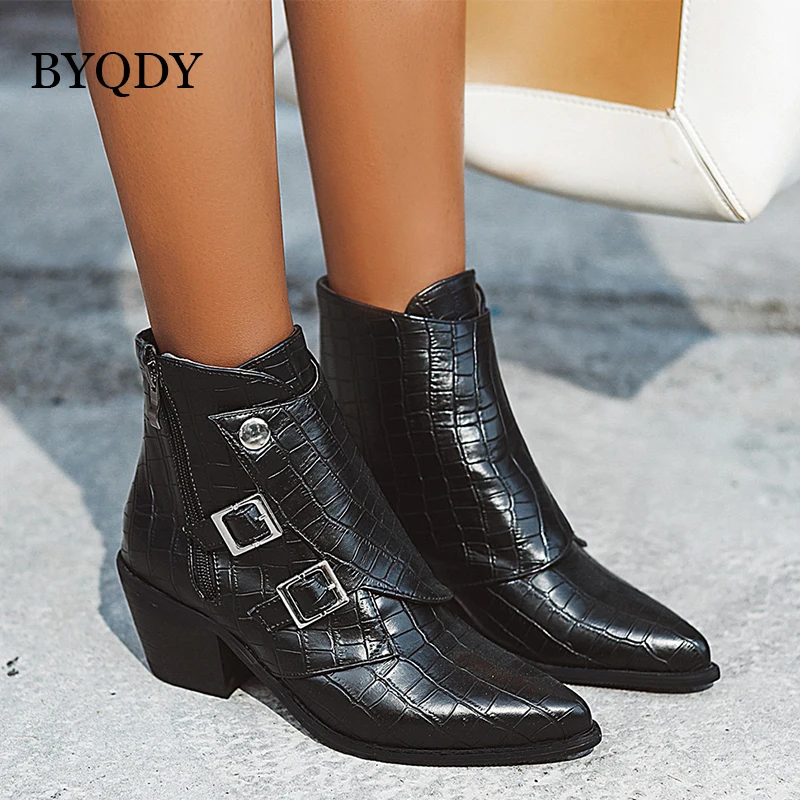 BYQDY 2021 Autumn Women Boots PU Leather Wedge High Heel Ankle Pointed Toe Winter Cowboy Fashion Western Black | Обувь