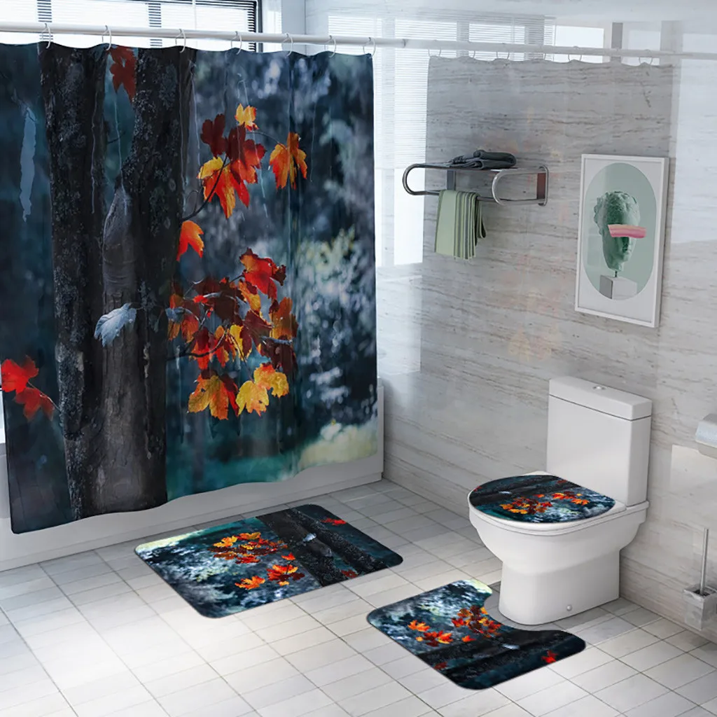 4 pieces / set of autumn sea landscape shower curtain floor carpet mat pad toilet seat cover bathroom mat home decoration#p8 - Цвет: C