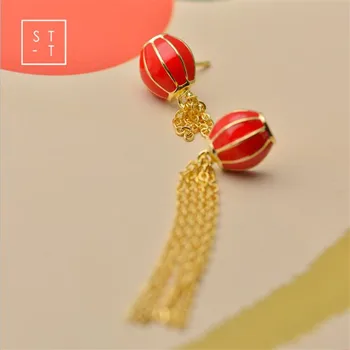 

New Arrival Festive Chinese National Style Sweet Red Lantern 925 Sterling Silver Jewelry Assymetric New Year Gift Earrings SE99