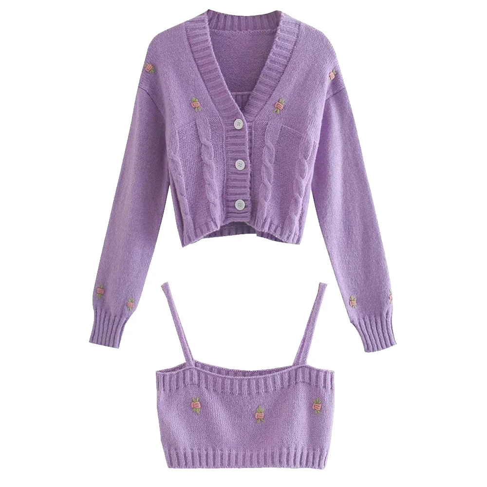 2020 NEW Autumn Women's 2 pieces set sweater suit purple floral print V-Neck long sleeve shirt vest Fashion Casual Female Tops |
